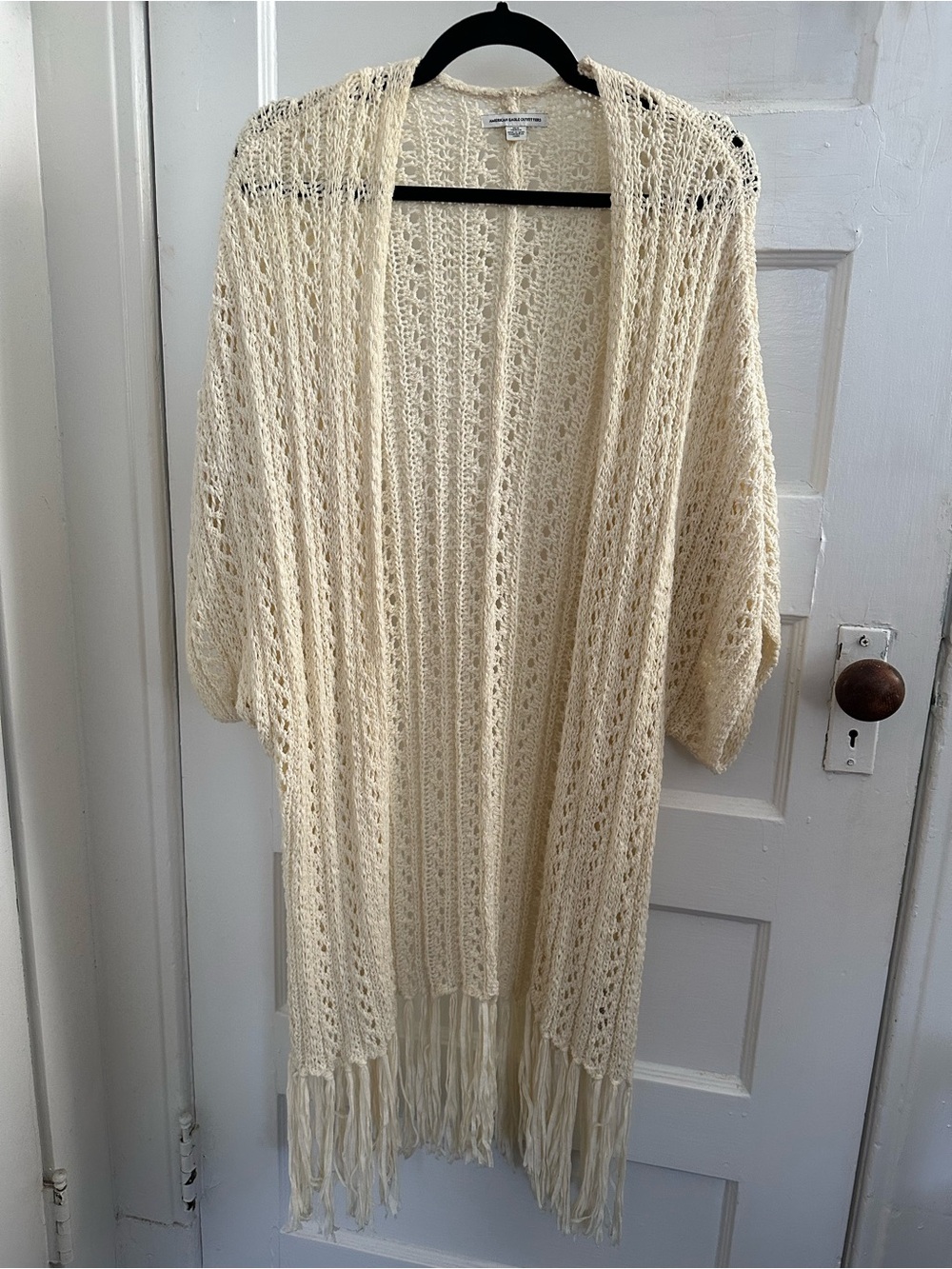 American Eagle Outfitters Cream Crochet Fringe Open-Front Cardigan